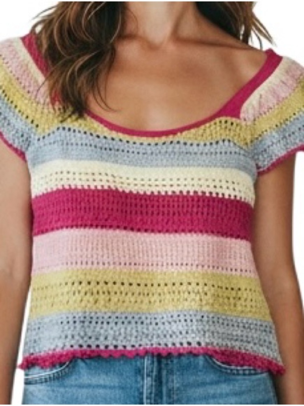 Sincerely Jules Striped Crochet Off-Shoulder Crop Top - Pink & Pastel Stripes L
